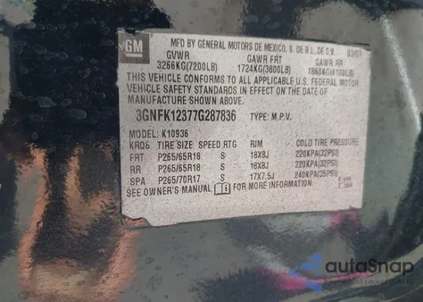 2007 Chevrolet Avalanche 1500 Lt z USA, uszkodzony, nr VIN 3GNFK12377G287836